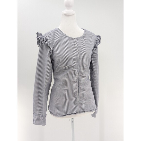 Free Assembly Blue White Striped Sleeve Long Ruffle Sleeve Top Size Medium - Picture 8 of 9